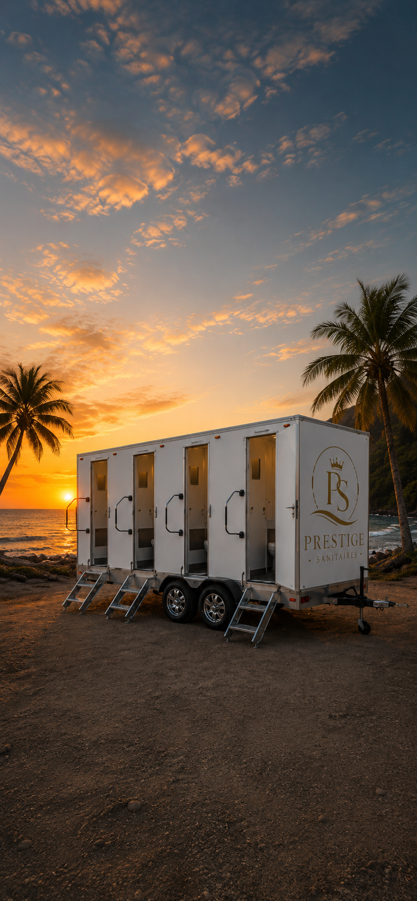 Remorque sanitaire Prestige Sanitaire sur plage de Nouvelle-Calédonie au coucher du soleil